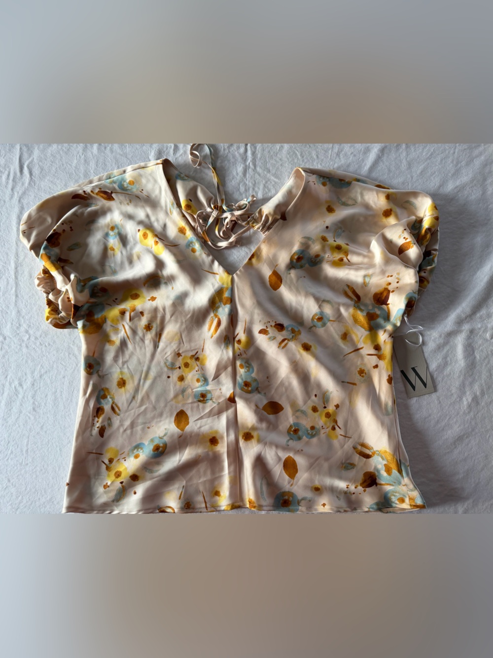 Worthington Blush Floral Short-Sleeve Blouse with Mustard and Teal Accents